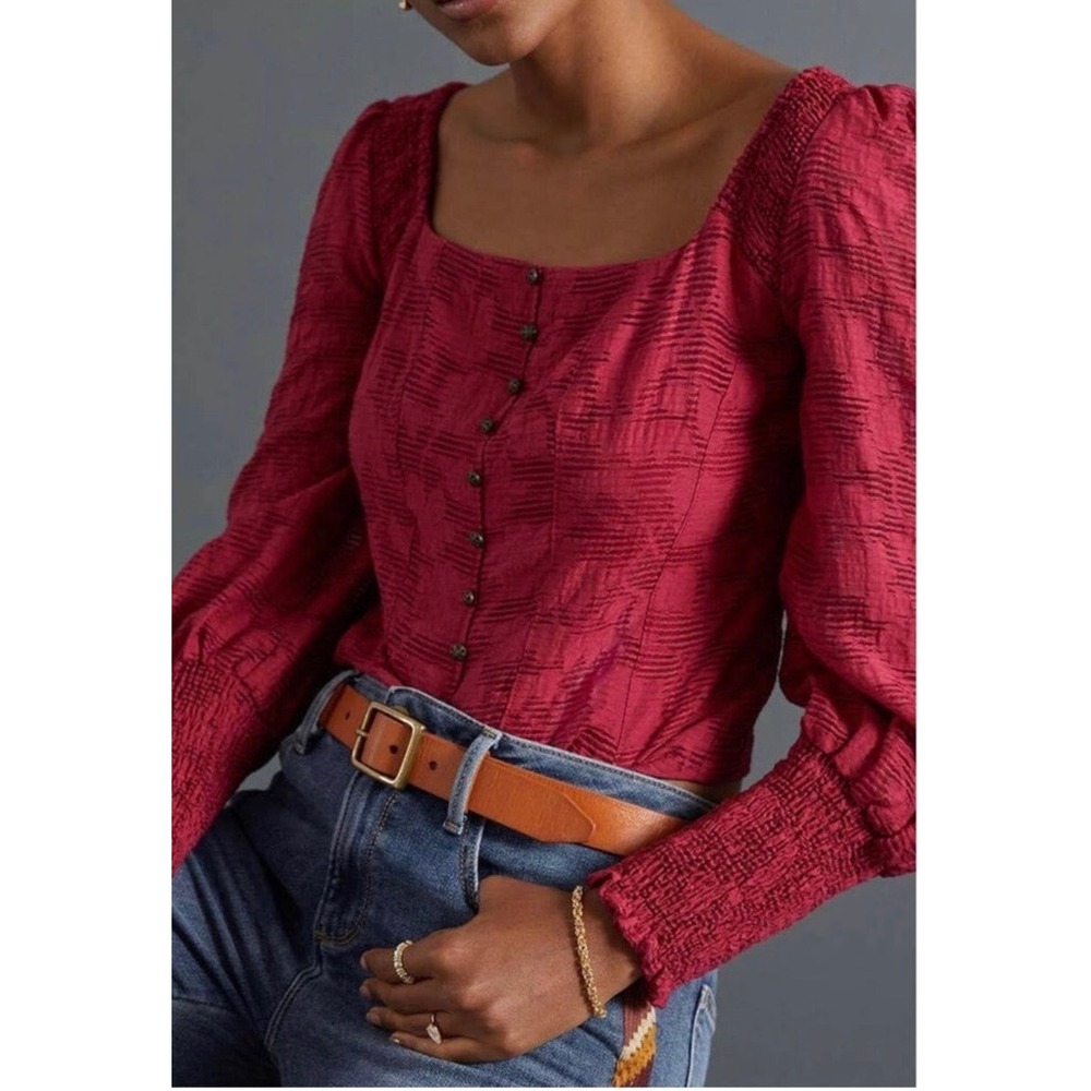 ANTHROPOLOGIE Plus Romantic Puff Sleeve Button Top Pink Blouse 3X NWT